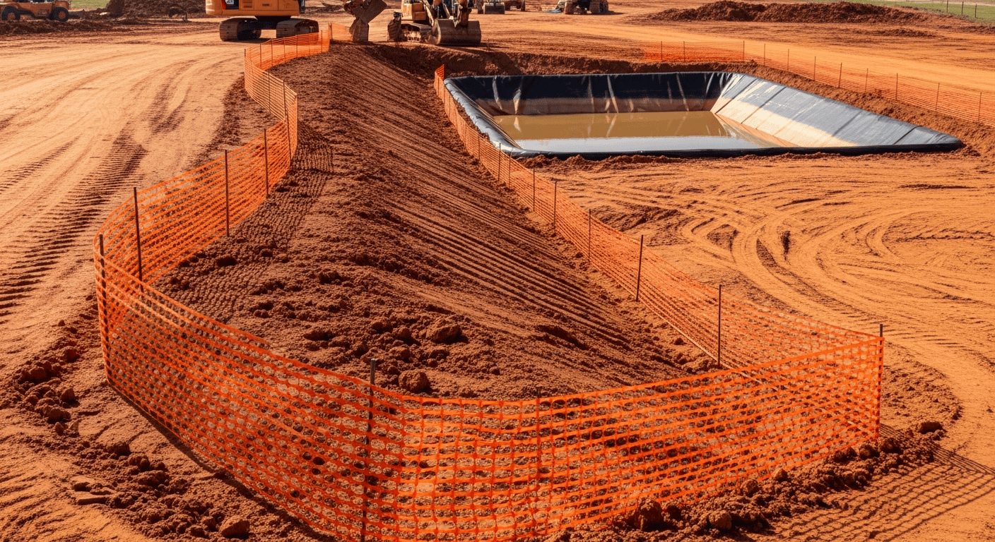 Alabama construction site with erosion control measures including silt fences and sediment basins, swppp requirements