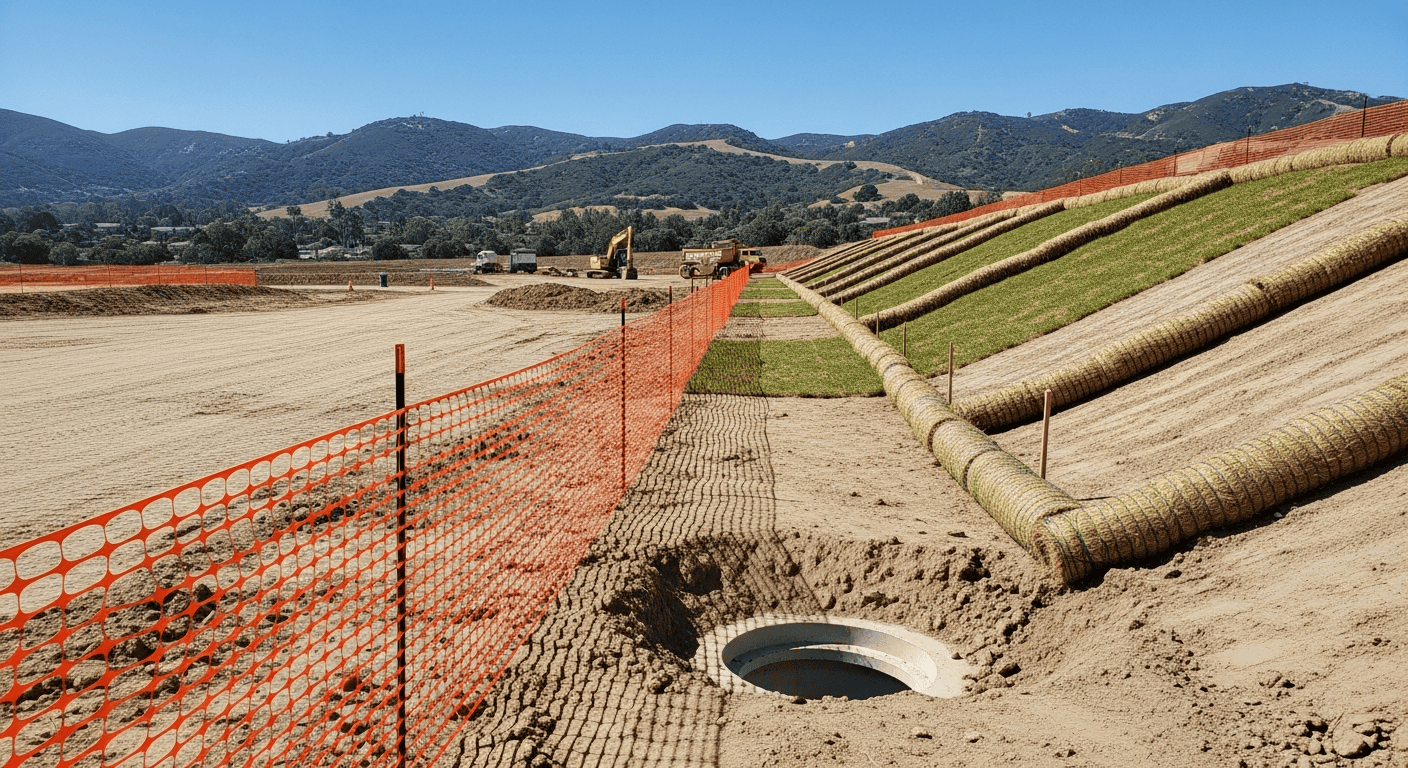 California construction site with erosion control measures and silt fencing protecting storm drains, SWPPP requirements