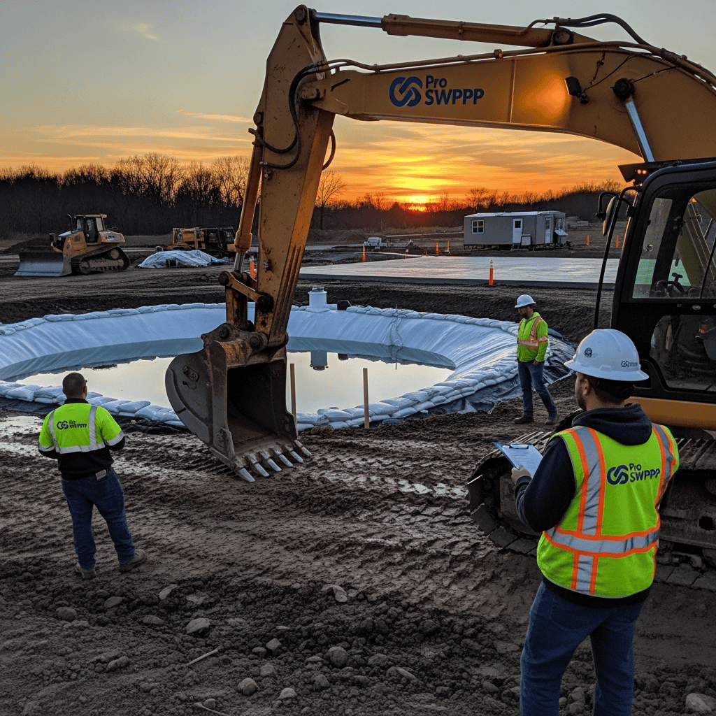 Close-up of properly installed silt fence and sediment control barrier for SWPPP requirements
