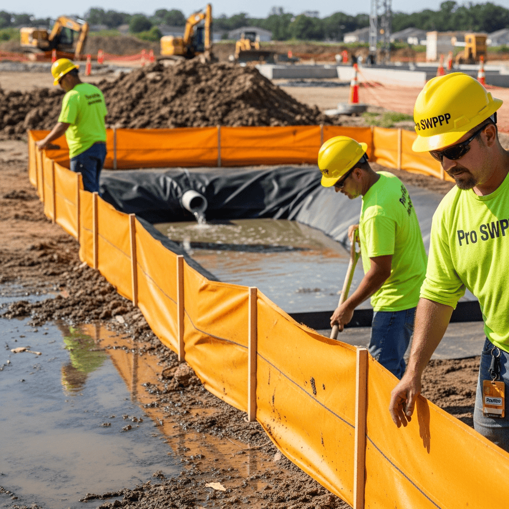 Stormwater BMP installation silt fence sediment basin, part of SWPPP requirements