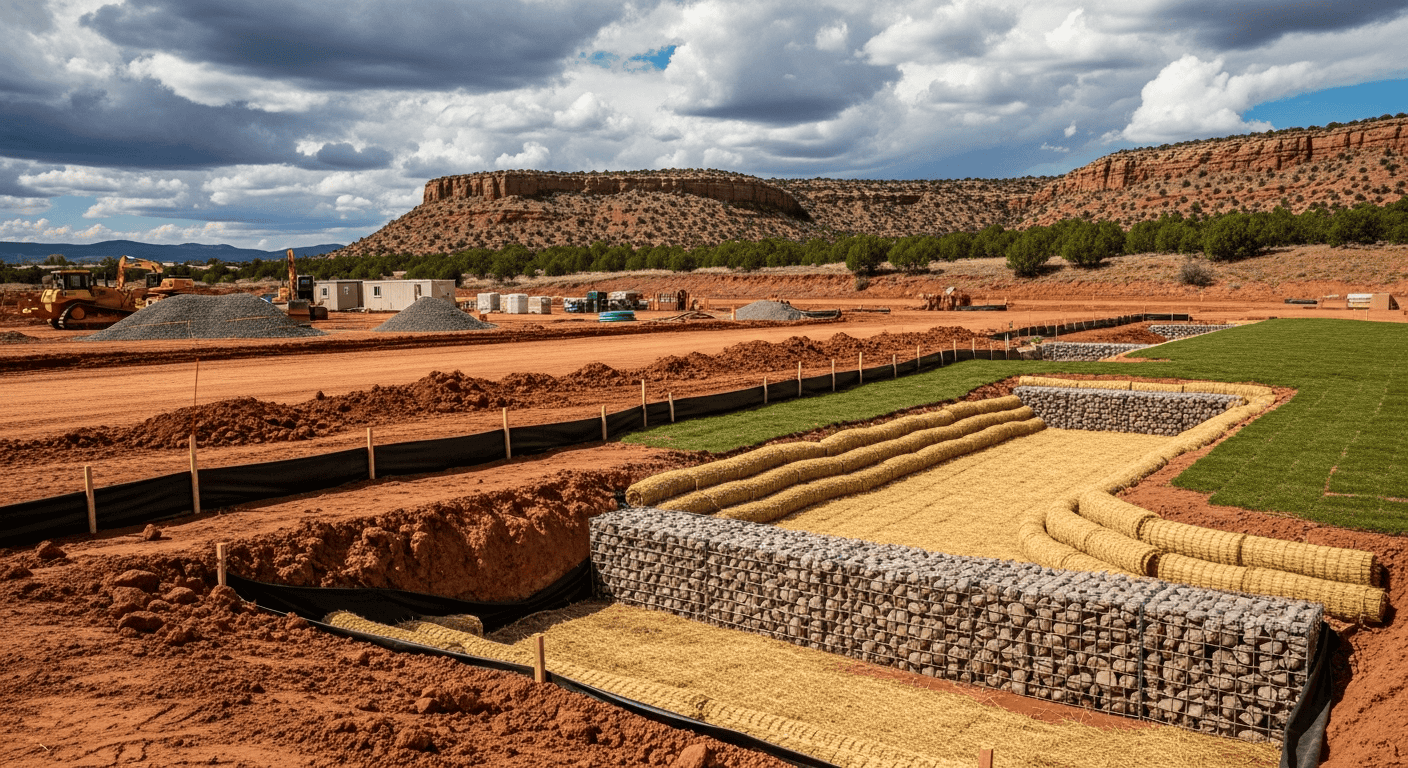 Construction site in New Mexico with erosion control measures and stormwater management equipment for SWPPP requirements