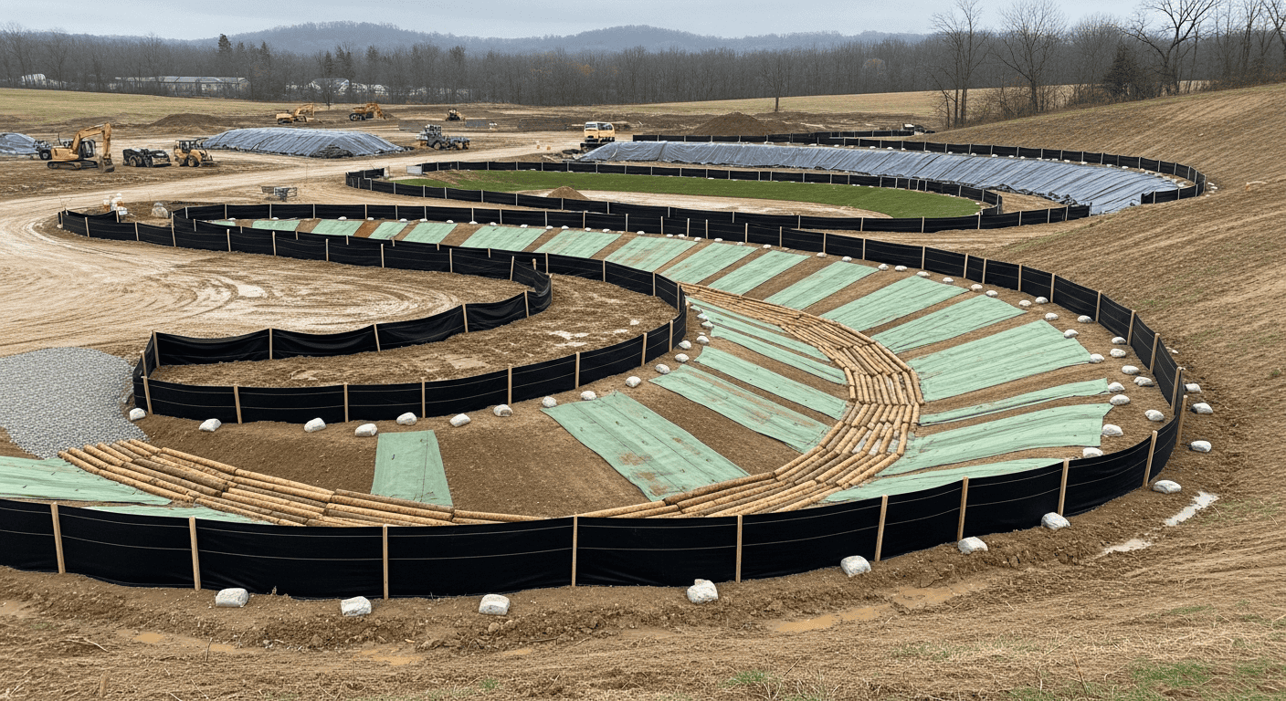 Construction site in Ohio with erosion control measures and silt fencing protecting waterways