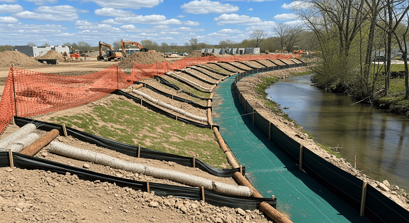 Construction site with erosion control measures and silt fencing protecting nearby waterway for SWPPP requirements