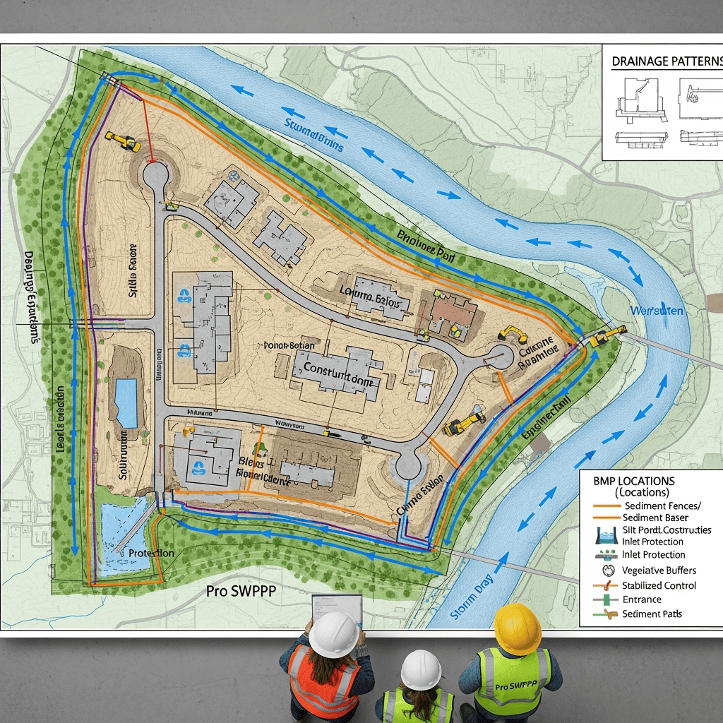 Detailed site map showing drainage patterns and BMP locations on Arkansas construction project for SWPPP requirements