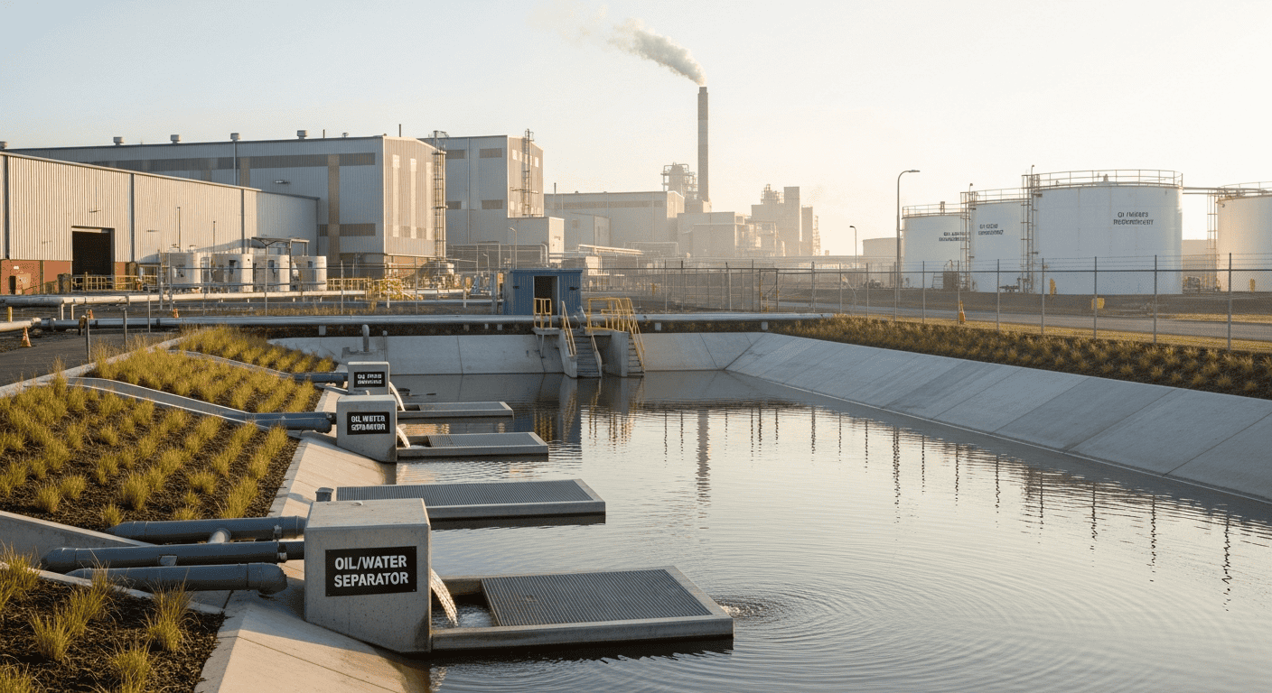 Industrial facility with stormwater discharge points and pollution control measures for SWPPP requirements