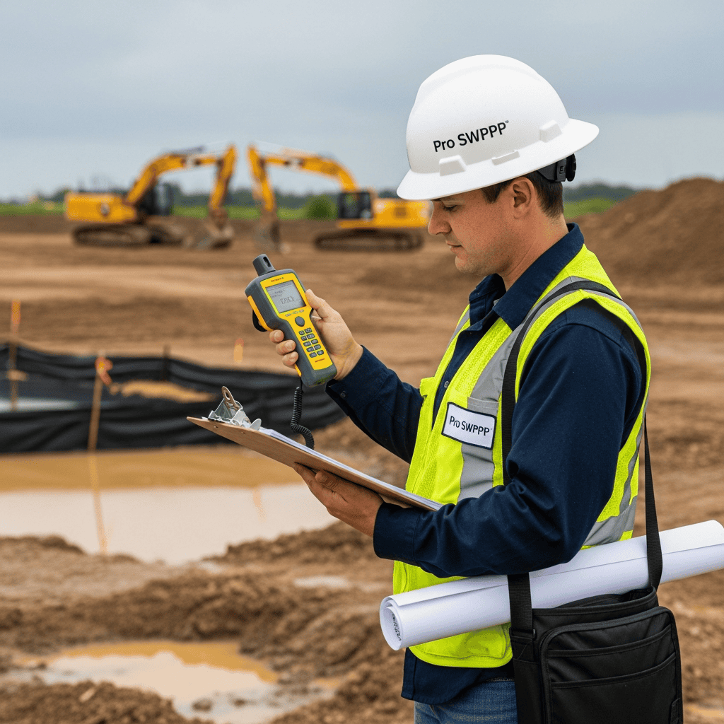 Qualified SWPPP Practitioner conducting site inspection with clipboard and turbidity meter, SWPPP requirements