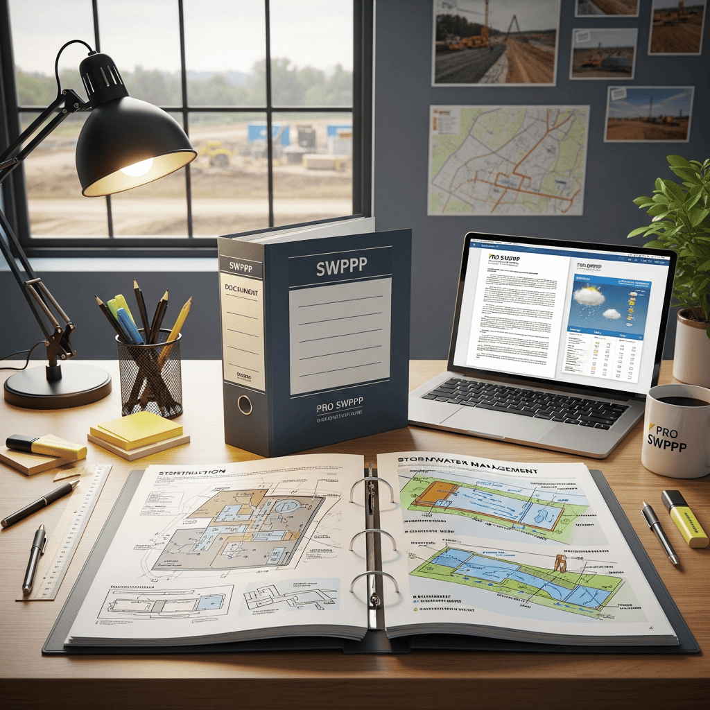 SWPPP document with construction plans and stormwater management diagrams on a desk for SWPPP requirements