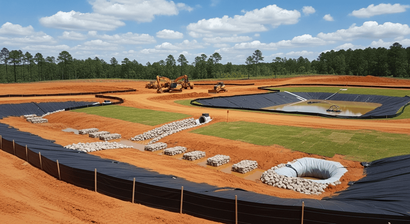 Georgia Construction Site With Stormwater Management Systems And Erosion Control Measures In Place, SWPPP Requirements In Georgia
