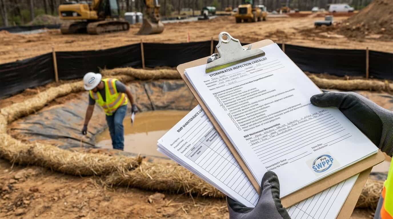 Stormwater inspection checklist and BMP maintenance documentation on construction site clipboard