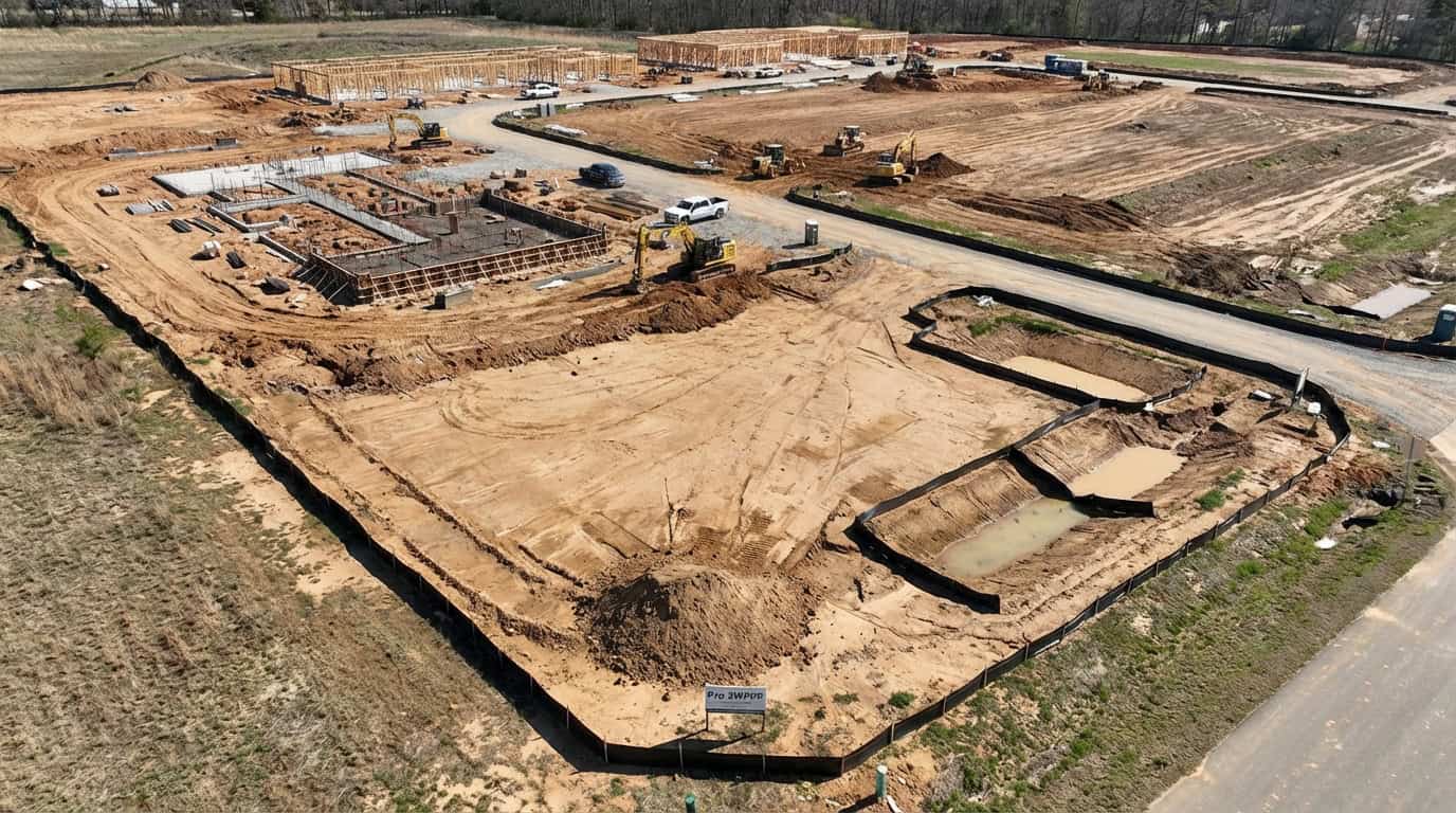 Aerial view of construction project showing multiple phases and total land disturbance area