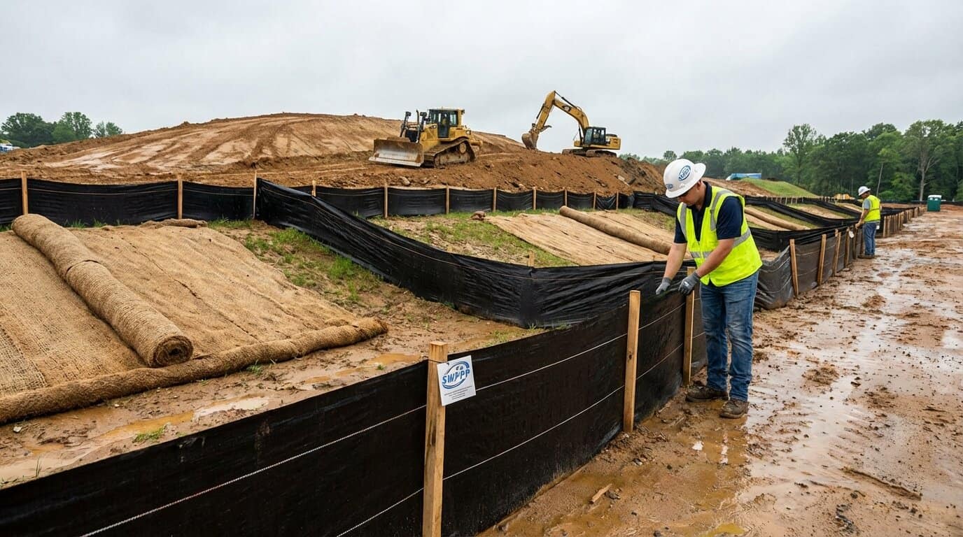 Virginia construction site with silt fencing and erosion control measures in place