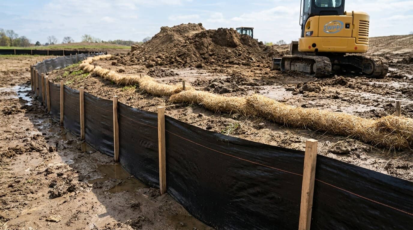 Close-up of construction site erosion control Best Management Practices including silt fencing and sediment barriers