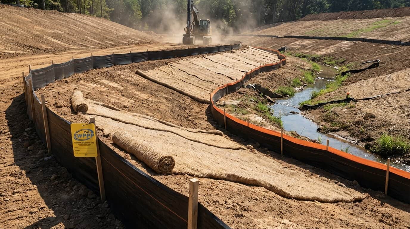 Construction site with erosion control measures and silt fencing installed near graded slopes