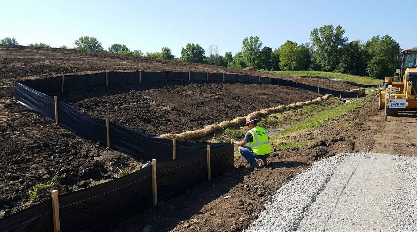 Construction site with erosion control measures and silt fencing installed near disturbed soil