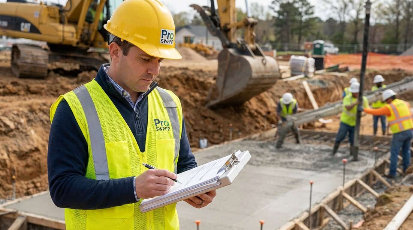 inspector reviewing documents on a construction site clipboard
