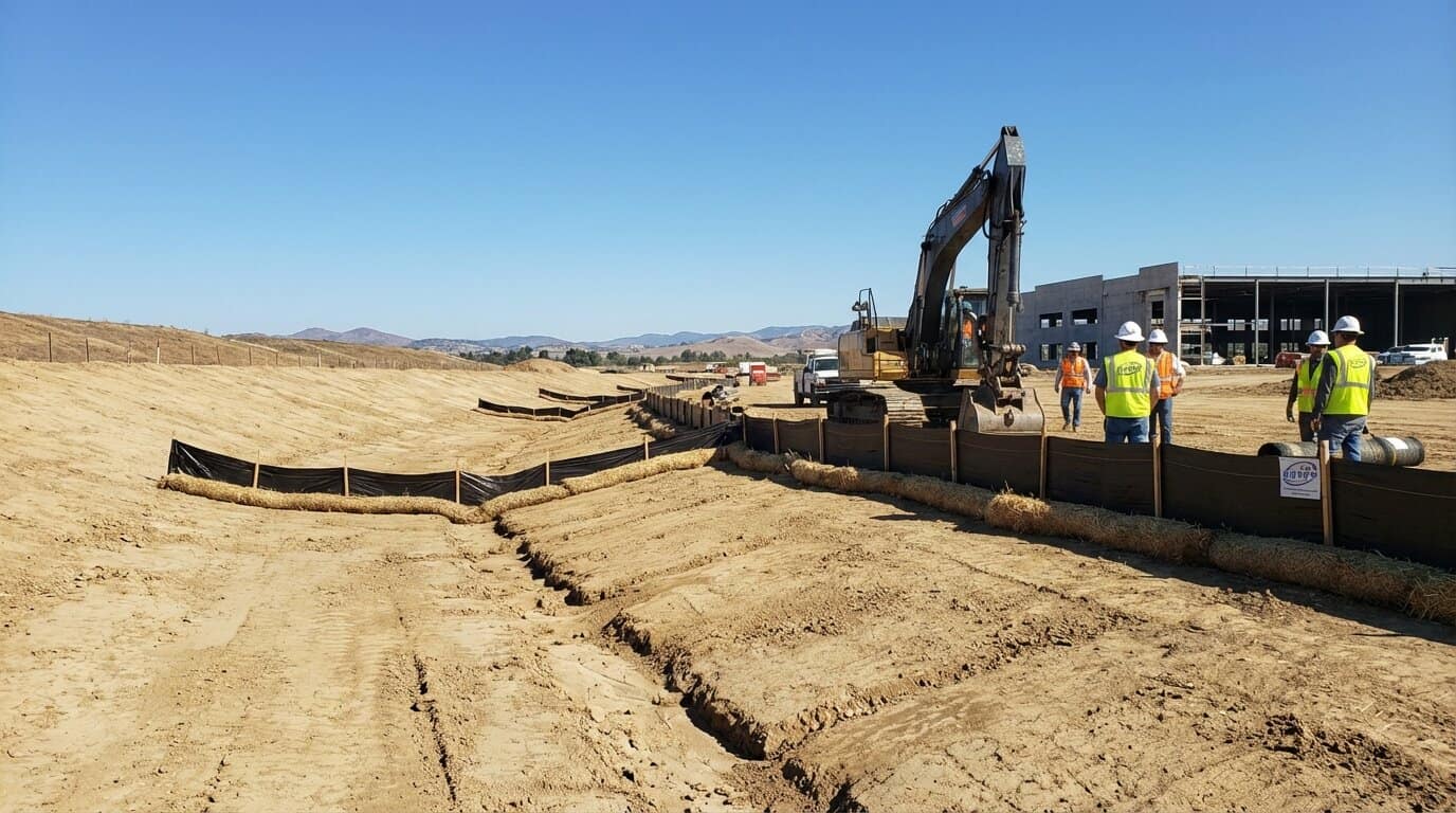 Construction site with minimal erosion risk during low rainfall period, blue sky and dry soil visible